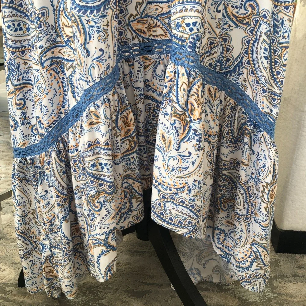 Women's Beyond The Radar Blue Paisley Cap Sleeve Hi-Low Ruffle Boho Maxi Dress L